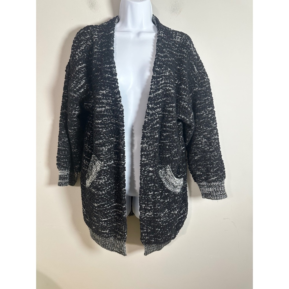 POL Women Black White Marled Popcorn Knit Oversized Open Front Cardigan UB39A S
